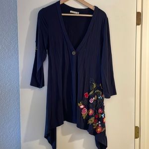 Caite L navy blue, floral embroidered soft jacket top